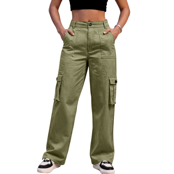 Women's Casual Street Style Multi-pocket High Waist Slim Wide Leg Work Trousers, Army Green, Size L