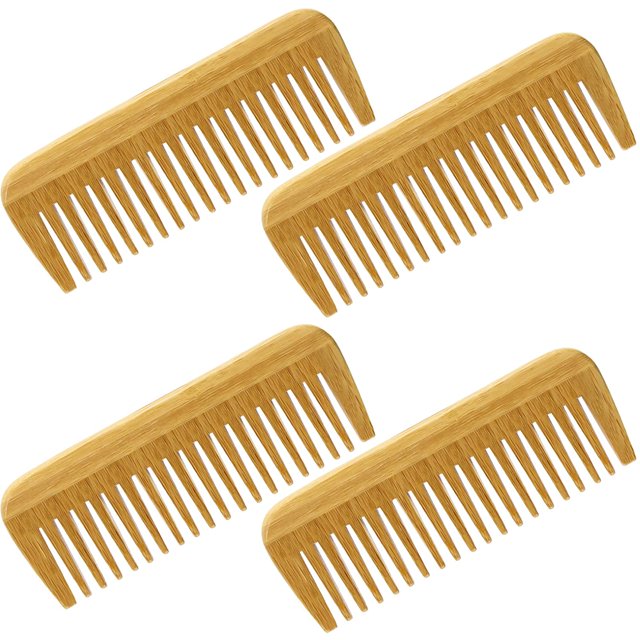 Peine de madera de bambú natural para el cabello para mujeres y hombres - Peine de dientes anchos ecológico para desenredar el cabello rizado y la barba para hombres (4 piezas)