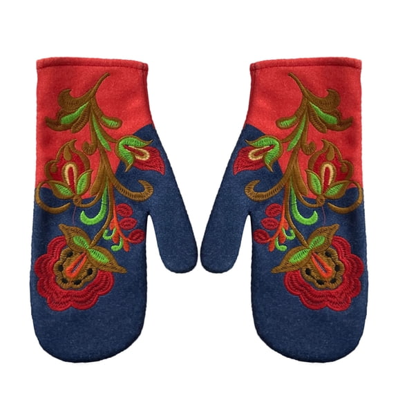 HNMKIU Festive Embroidered Winter Mittens for Women Cozy Holiday Handwear with Red,One Size