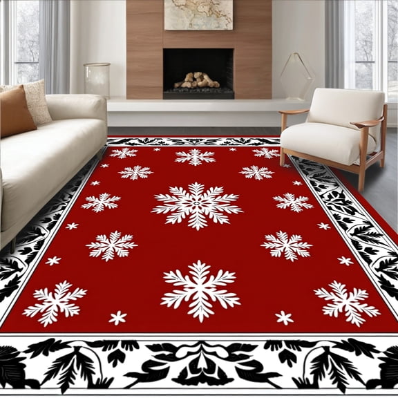 ODIKA 4'x6' Machine Washable Non-Slip Area Rug, Festive Snowflake Hearth Accent Winter Holiday Entryway Welcome High Traffic Rug, Red, 609860