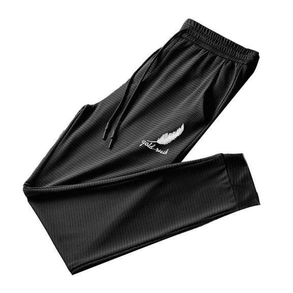 Fusipu Men Pants Ice Silk Mesh Feather Print Drawstring Summer Quick Dry Pockets Sports Pants for Daily Wear