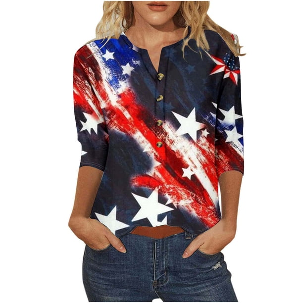 Camiseta Casual Suelta Del Botón Impreso Del Día de la Independencia de la Mujer de Manga Superior de 3/4 para el Hogar Y el Uso Diario