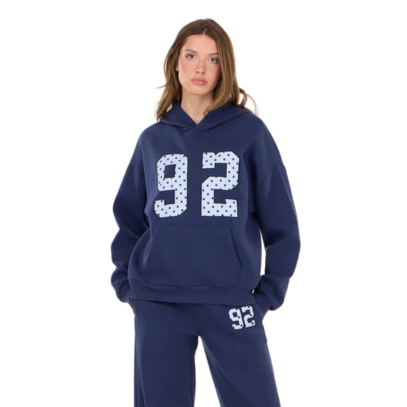 Forever 21 Women's Blue Y2K Oversized Hoodie, Polka Dot Print Graphic for Cozy Everyday Layering, XS