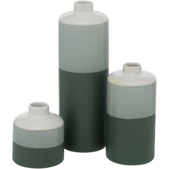 Iconic Dipped Scandinavian Style Vases, Set of 3, Glazed Porcelain, Tonal Shades, Pale Grey, Green and Dark Green, 11.5 H Inches