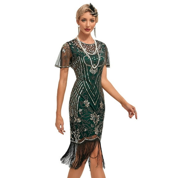 IDOPIP 1920s Flapper Dresses for Women Great Gatsby Dresses Sequin Fringed Roaring 20s Cocktail Dress