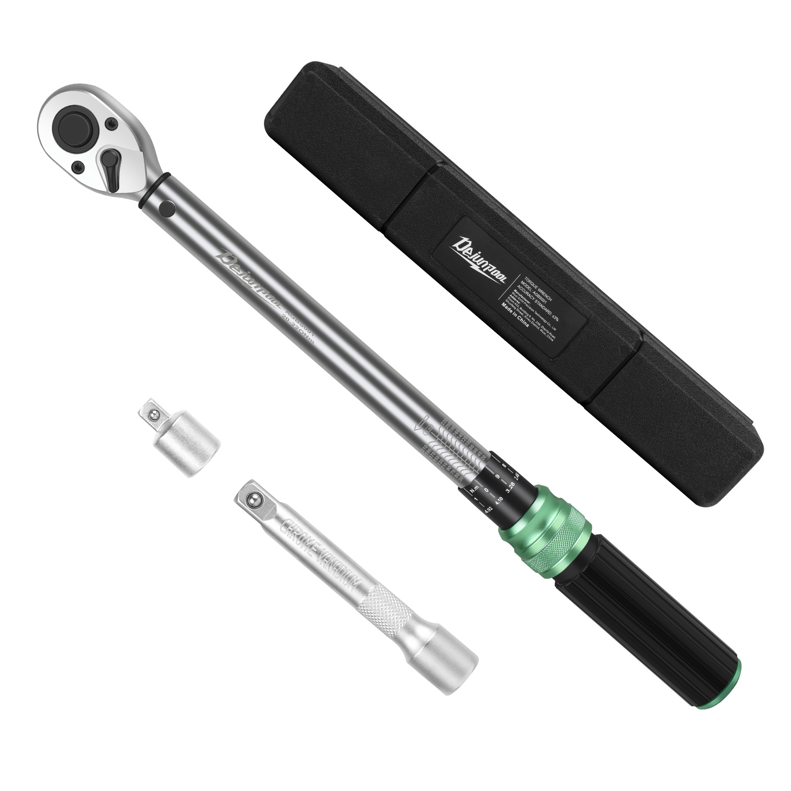 1/2-inch Drive Click Torque Wrench,14.76-162.36 Ft-Lb/20-220 Nm, Adjustable Torque Wrench Set with 1/2" to 3/8" Adapter, 125mm Extension Bar, Torque Wrench for Moto, Car Maintenance