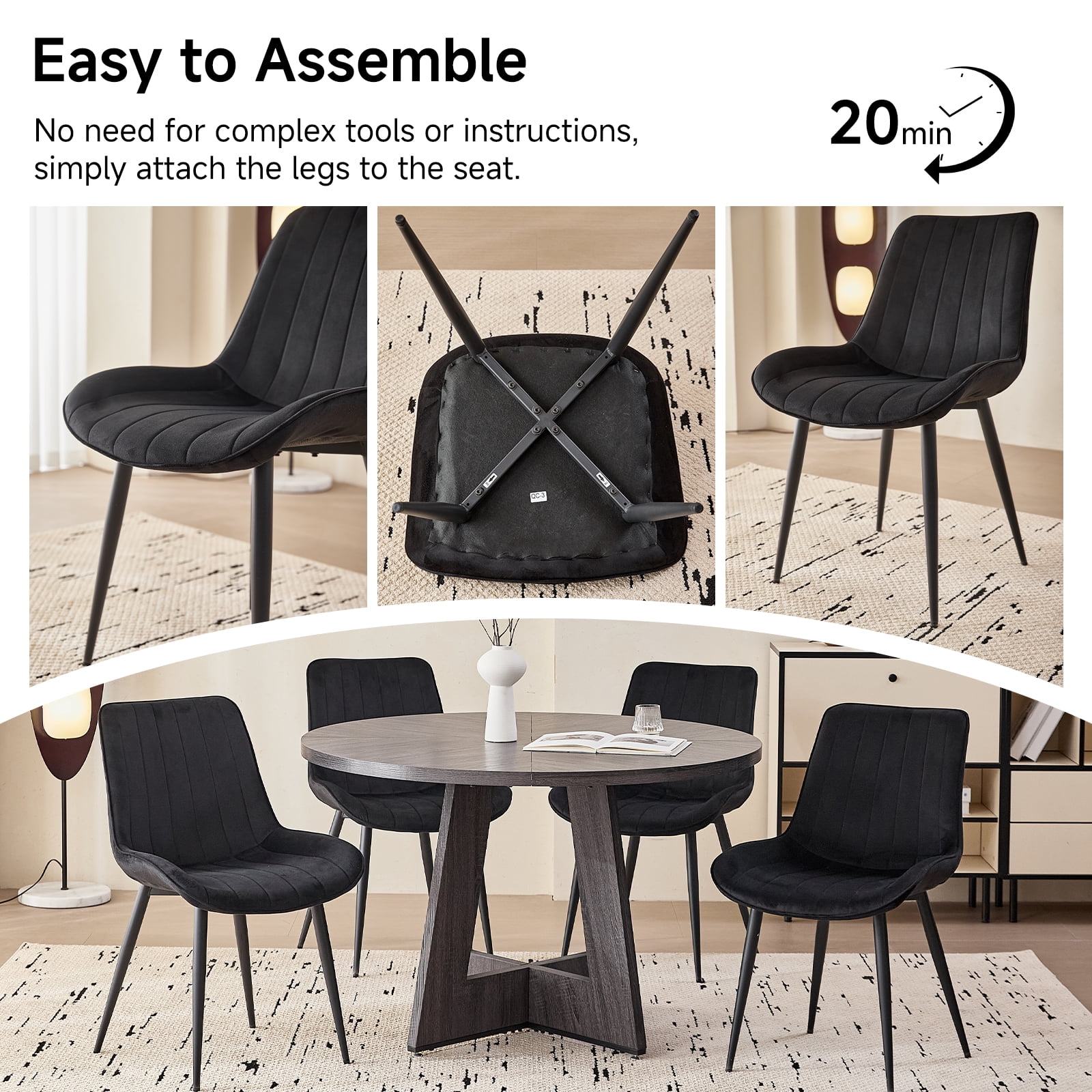 Velvet Dining Chairs Set of 4, Modern Upholstered Armless Kitchen Chair with Metal Legs for Bedroom Living Waiting Room, Black