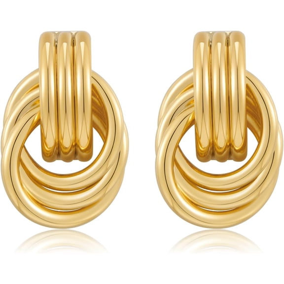 Chunky Quality Gold Statement Earrings, Two-Tone Knot Dangle Earrings, Circular Hoop Drop Earrings for Women[e340]