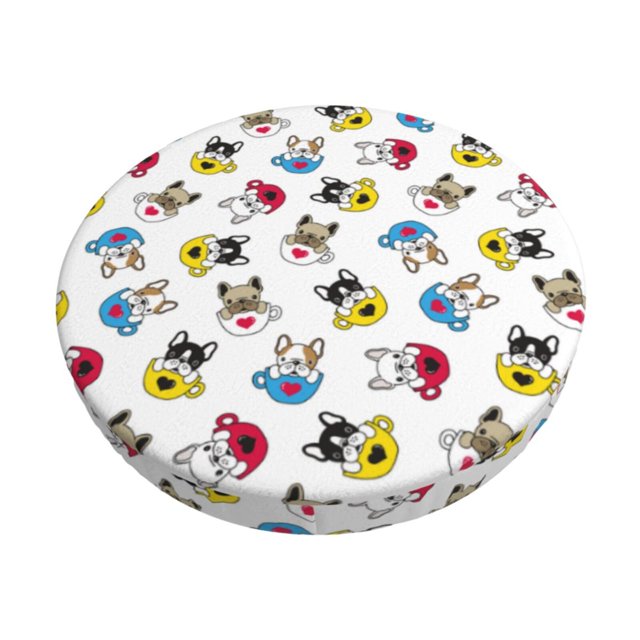 Disketp French Bulldog With Coffee Cup Funda Redonda para Taburete, Funda de Cojín para Silla de Bar Suave y Elástica-14 inch