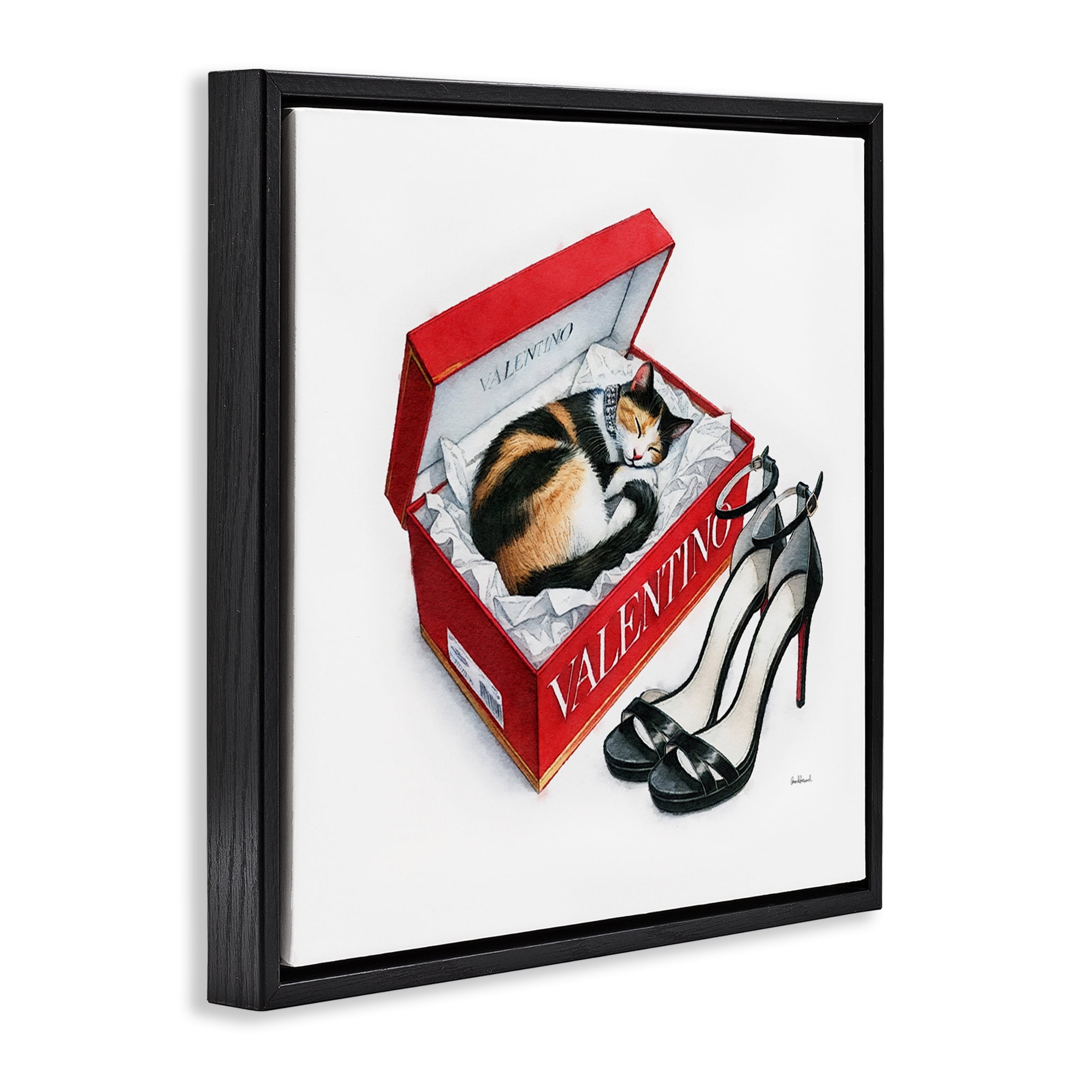 Stupell Industries Trendy Cat Shoebox Animals Painting Black Floater Framed Canvas Art Print Wall Art, 18 x 18