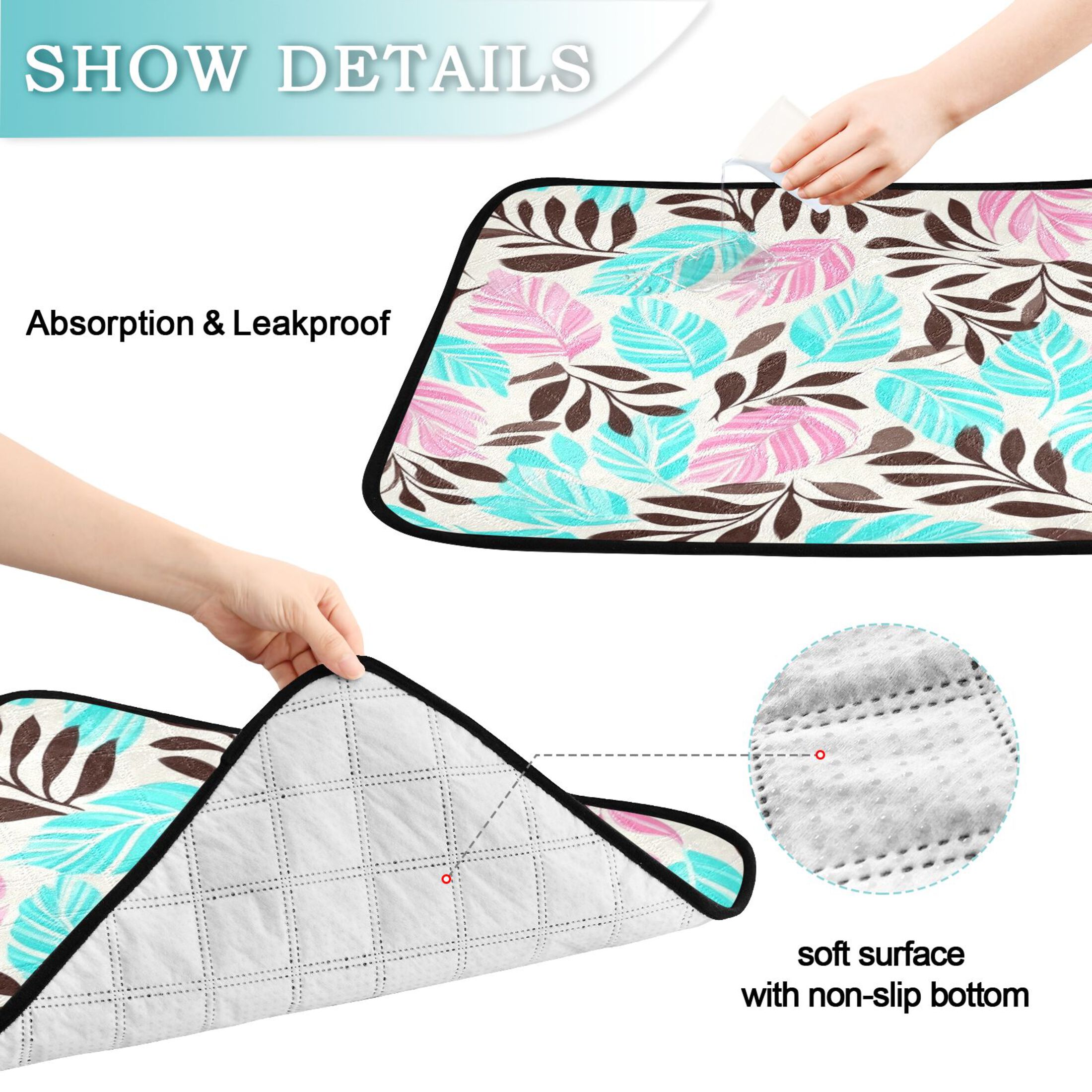 Washable Pet Pee Pads with Super Absorbent Reusable Training Pads for Dogs & Cats Turquoise and Brown Leaf Seamless