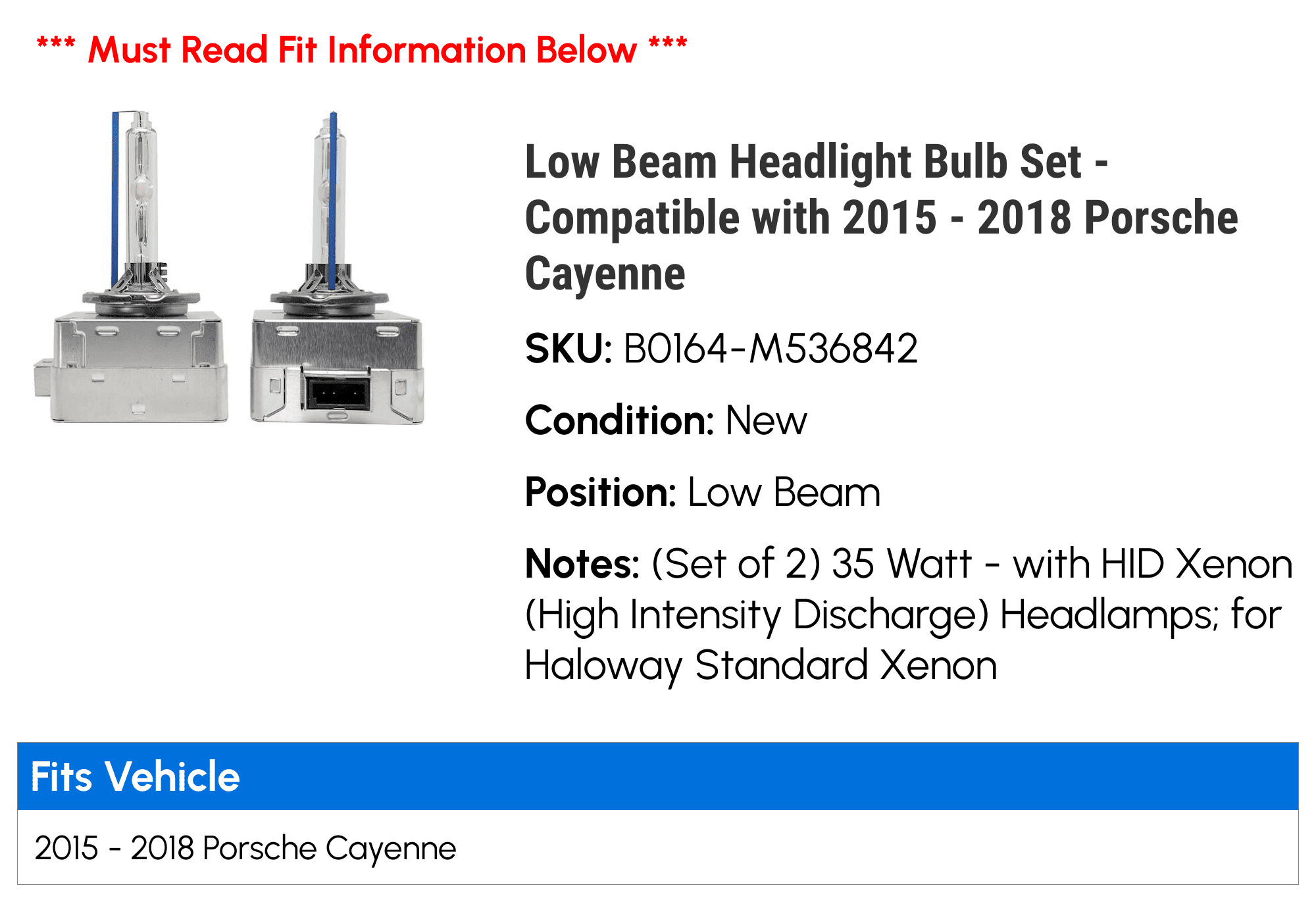 Low Beam Headlight Bulb Set - Compatible with 2015 - 2018 Porsche Cayenne 2016 2017