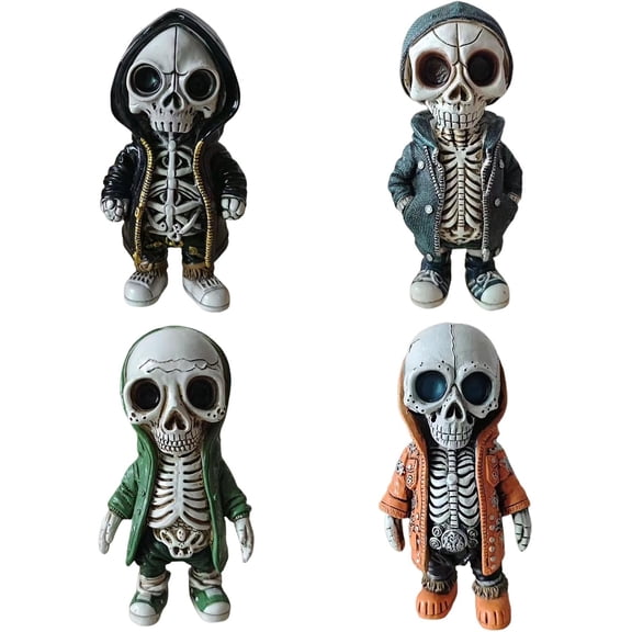 4 PCS Resin Skeleton Sculpture with Hood, Cool Skeleton Figurines for Vehicle Dashboard Office Table TV Booth Shop Display, Ideal Gift for Christmas, Birthday