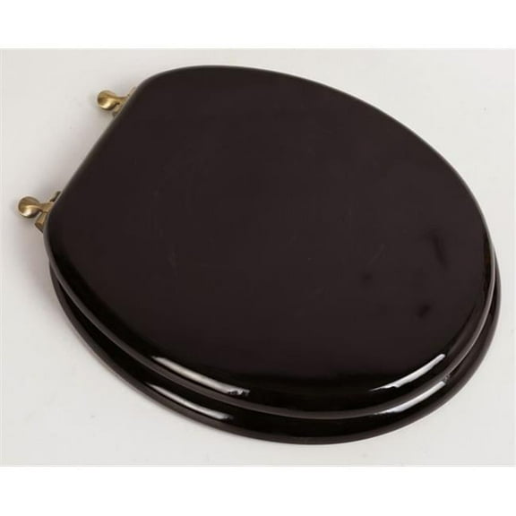 Plumbing Technologies 5F1R2-18AB Designer Solid Round Oak Wood Toilet Seat with Antique Brass Hinges- Dark Brown Oak