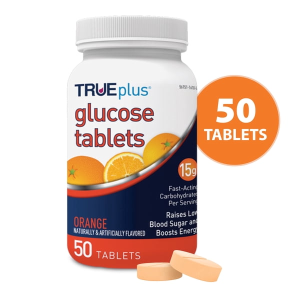 TRUEplus Glucose Tablets, Chewable, Orange Flavor, 15g Fast-Acting Carbs, 50 Count