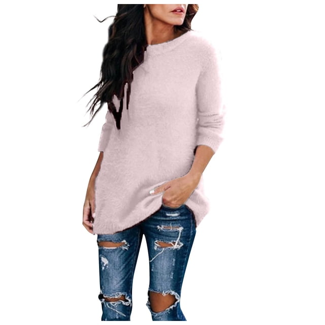 Chandail en Peluche pour Femmes Confortable à Manches Longues Chandail 2025 Col Rond Haut Décontracté Couleur Unie Tenues d'Automne