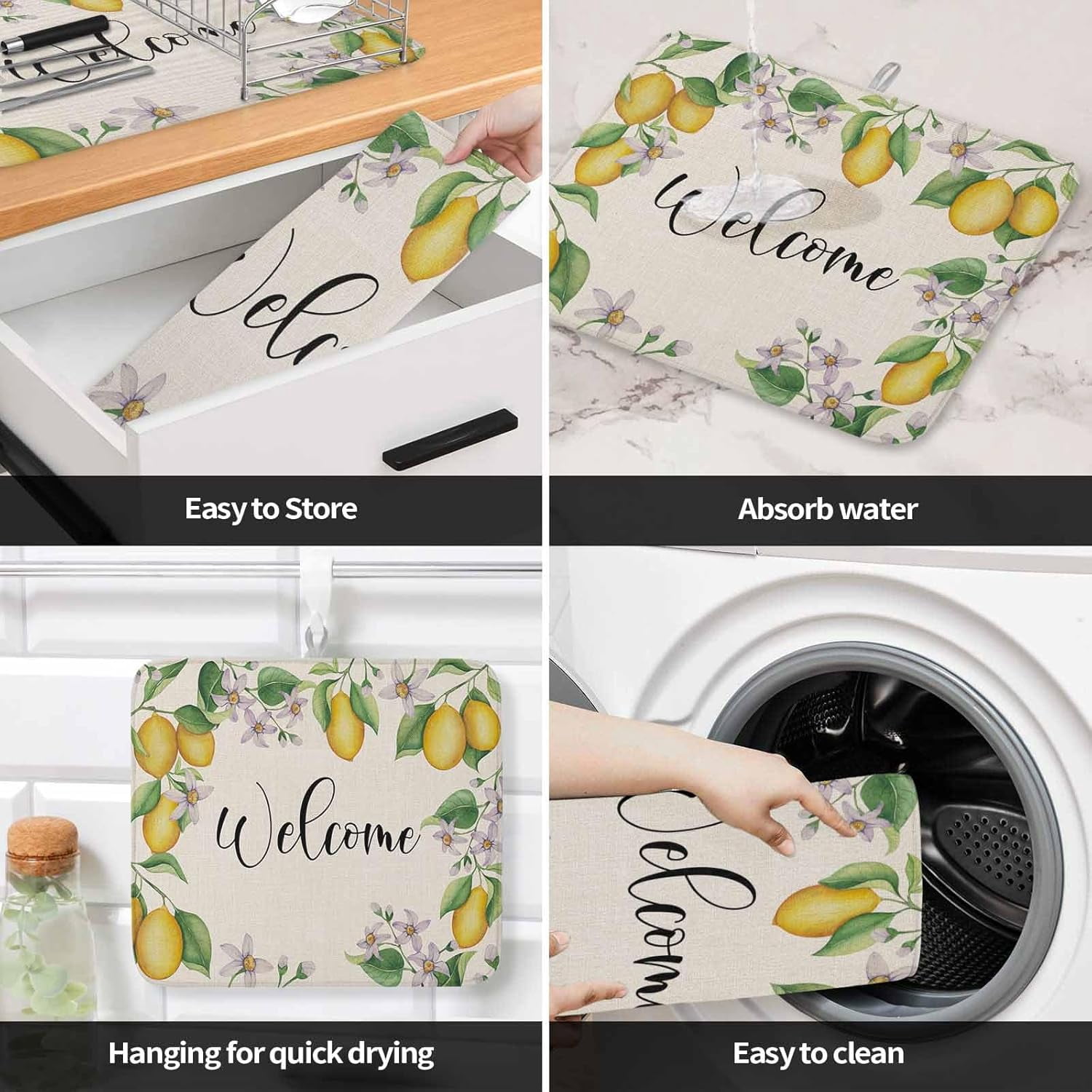 Summer Lemon Dish Drying Mat for Kitchen Counter, Yellow Green Botanical Rustic Welcome Baby Bottle Microfiber Drying Pad, Absorbent Coffee Cup Dishes Drainer Mats 18"x24", 2 Pcs