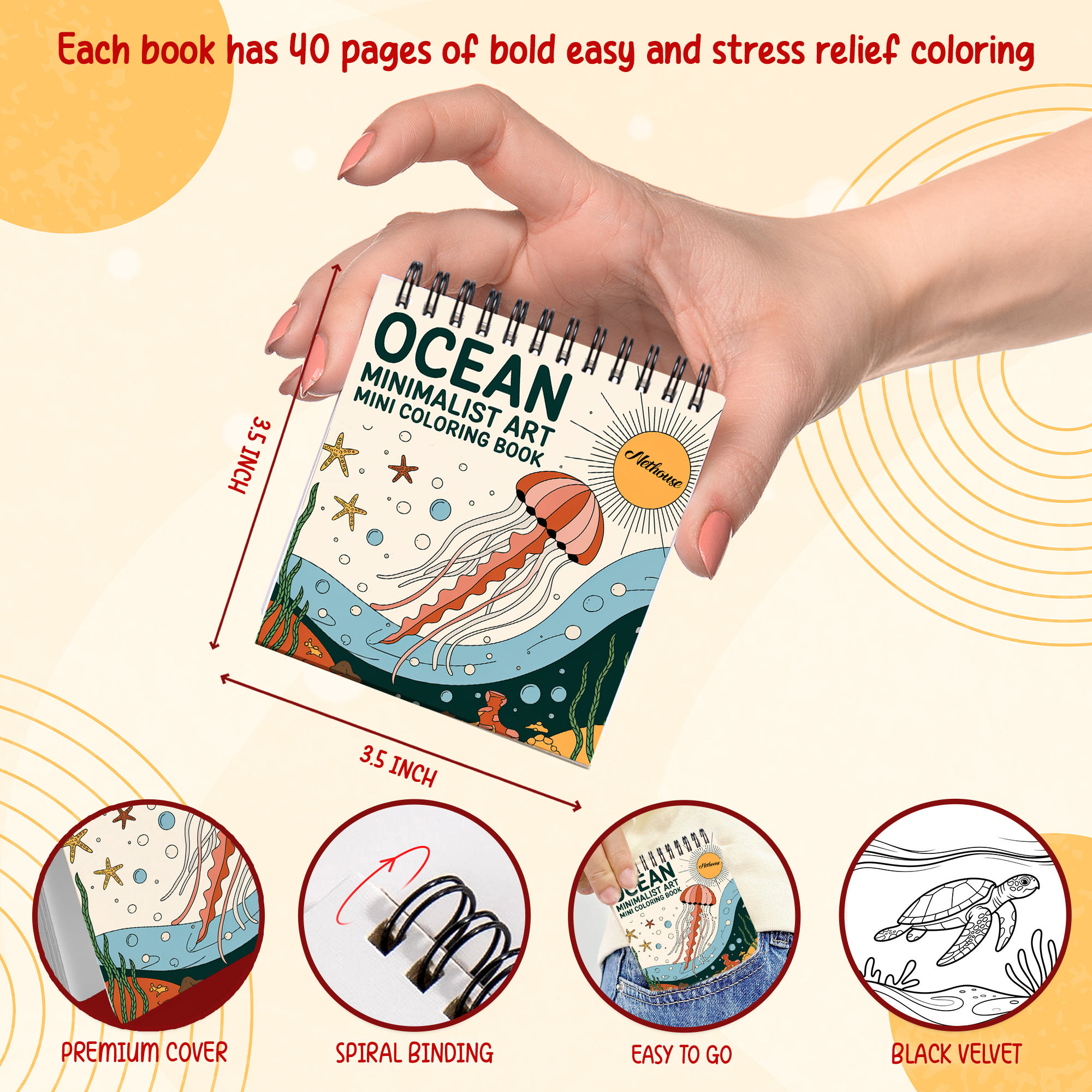 Minimalist Mindfulness Mini Coloring Book Spiral Bound for Adult, Pack 6, 3.5” x 3.5” Pocket Size, 40 Coloring Pages Stress & Anxiety Relief, Travel for Women Men