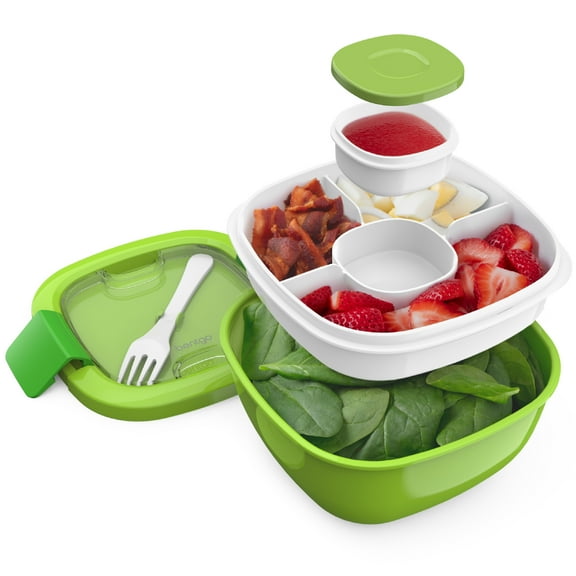 Bentgo Salad Container - 6.75 cup Bowl with 4-Compartment Toppings Tray, Leak-Proof Dressing Container, Reusable Fork, BPA-Free Lunch Box for Meal Prep & Food Storage; Removable Bento Tray (Green)