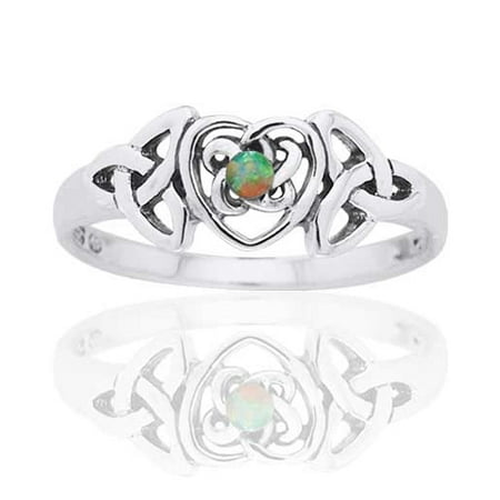 Birthstone Trinity Knot - October Birthstone Ring - Sterling Silver Opal Celtic Trinity Knot Heart