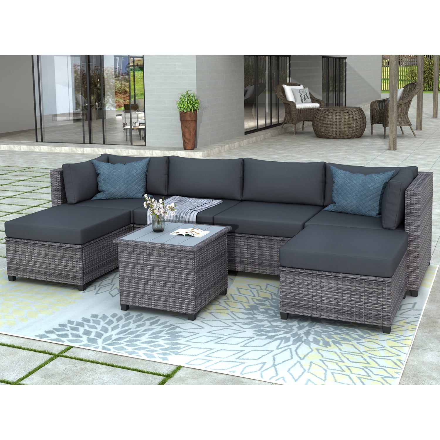 Kadyn 7 Piece Rattan Sectional Seating Group, Outdoor Conversation Sofa Set, Outdoor Ratten Sofa NEW with Cushions and Table, Gray