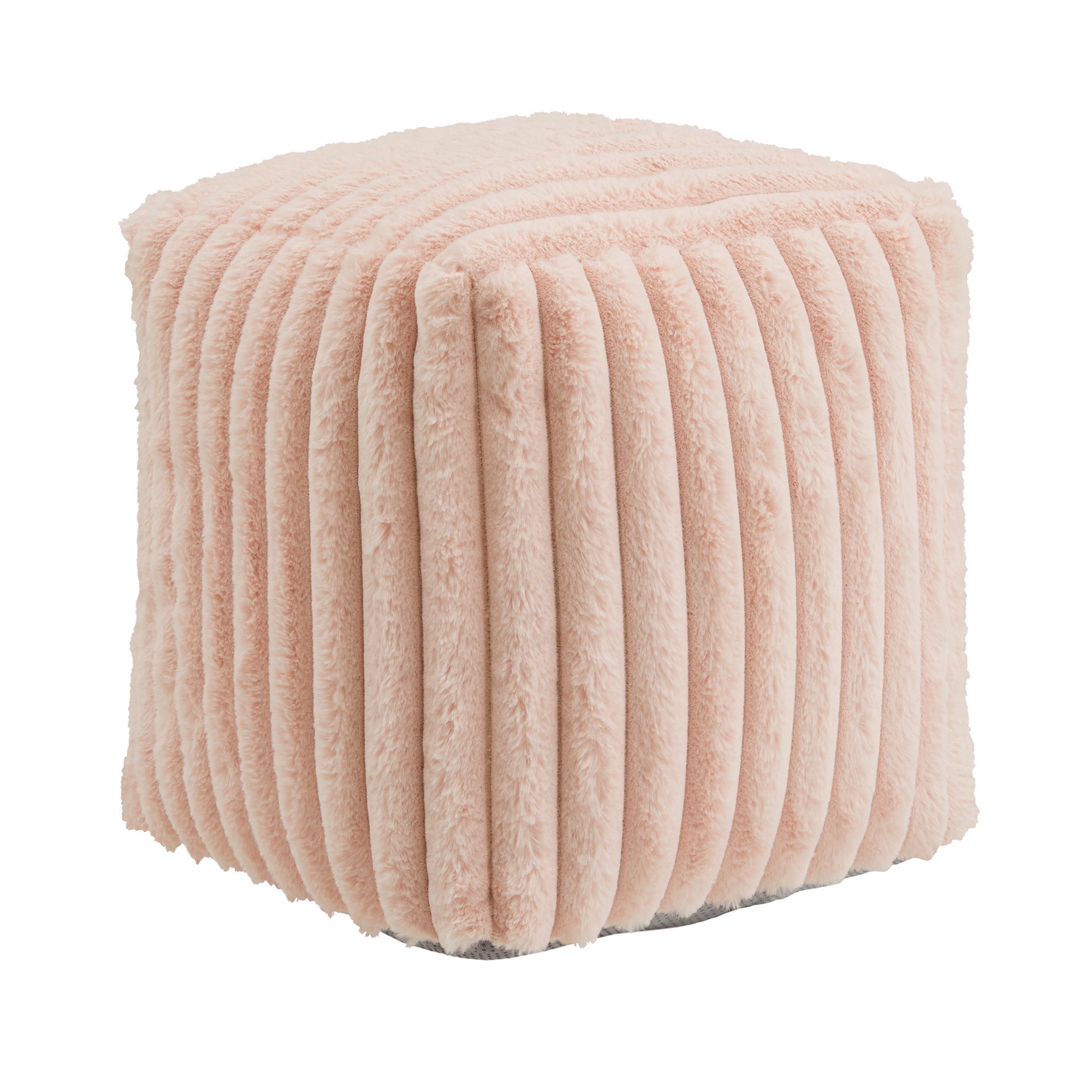 Weston Home Dinant Upholstered Square Pouf Ottoman, Pink Channel Furry Fabric