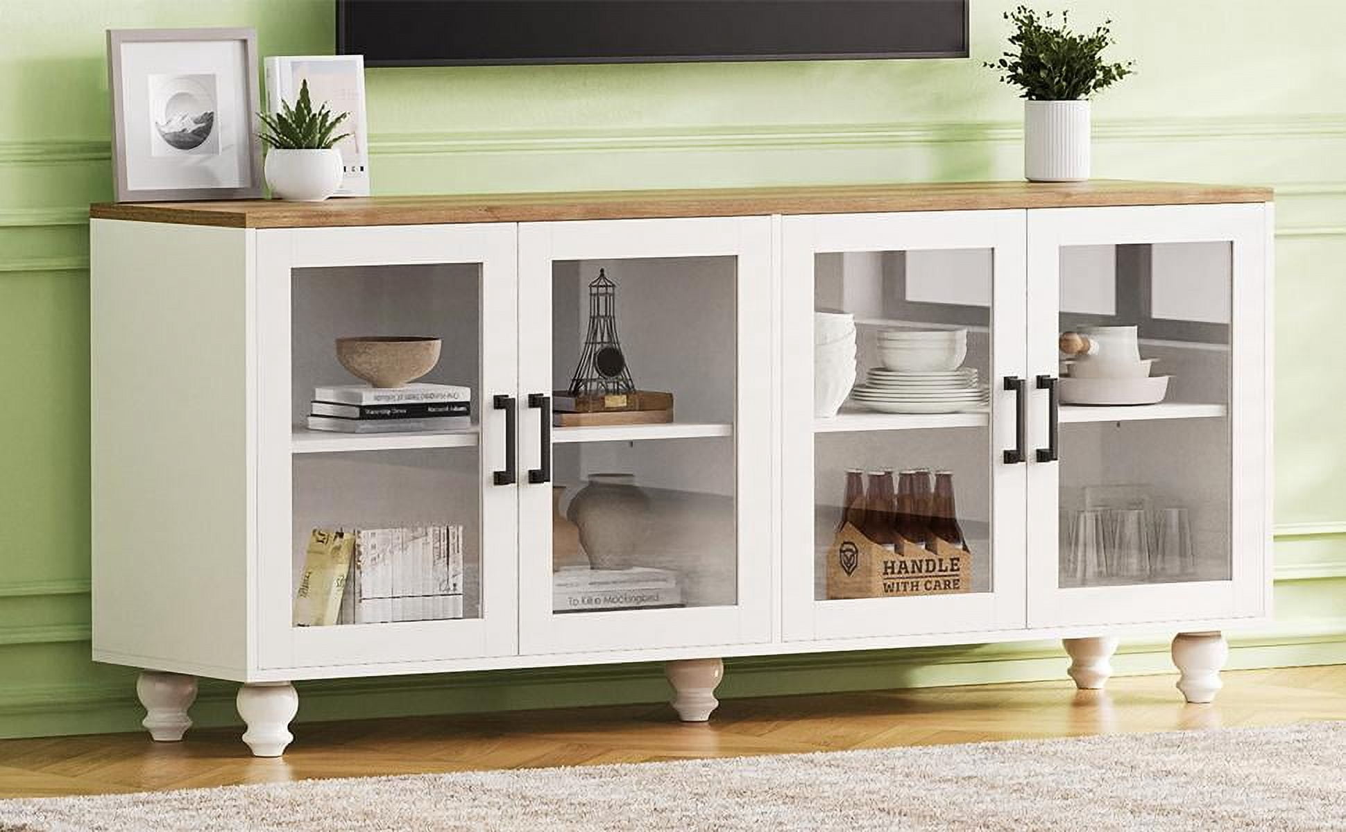 MAYEERTY Farmhouse TV Stand - Tempered Glass Doors, Fits 70" TVs, Adjustable Shelves