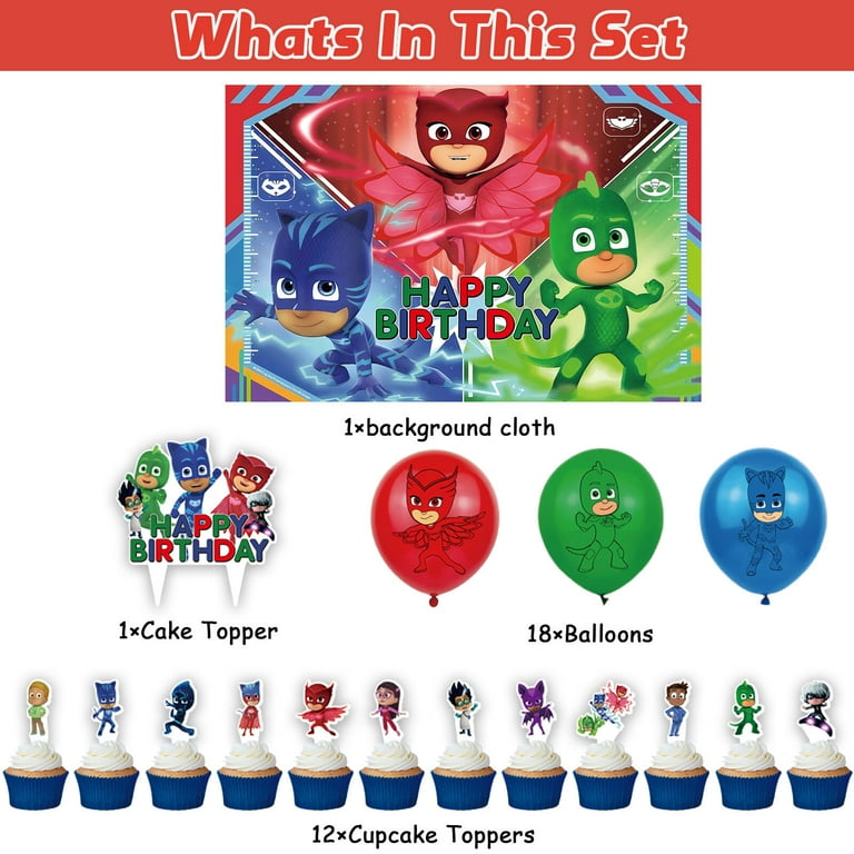 32 Pcs For PJ Masks Party Decoration Set – Includes Backdrop, 18 Balloons, and 13 Cupcake Toppers for Themed Celebrations