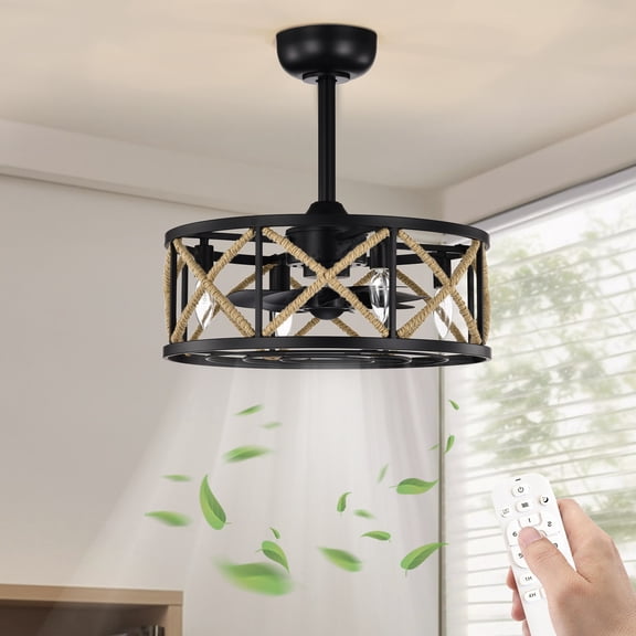 Maxax 18.9" Farmhouse Caged Ceiling Fan with Lights, Matte Black 7-Blade Fandelier, 6-Speed Remote, Reversible Motor, 4 E12 Sockets, for Bedroom Living Room