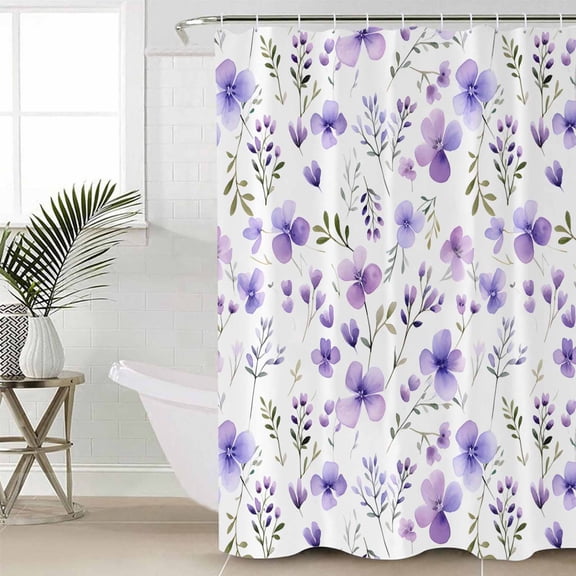 Purple Spring Floral Bathroom Curtain 78 Inch Shower Curtain with Hooks, Pastoral Botanical Watercolor Waterproof Polyester Bath Curtain Washable Bathtub Curtain 72''x 78''