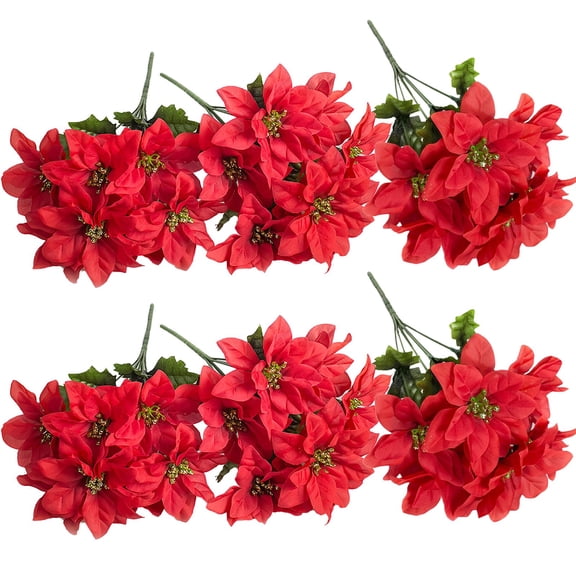 Artificial Poinsettia Bushes, 6 Pack 7 Heads Silk Fabric Christmas Red Poinsettia Bushes