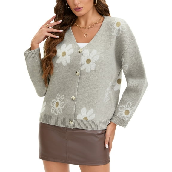 ATHLECHIC Floral V Neck Cardigans for Women Button Down Open Front Long Sleeve Knit Sweater Outerwear S Light Grey