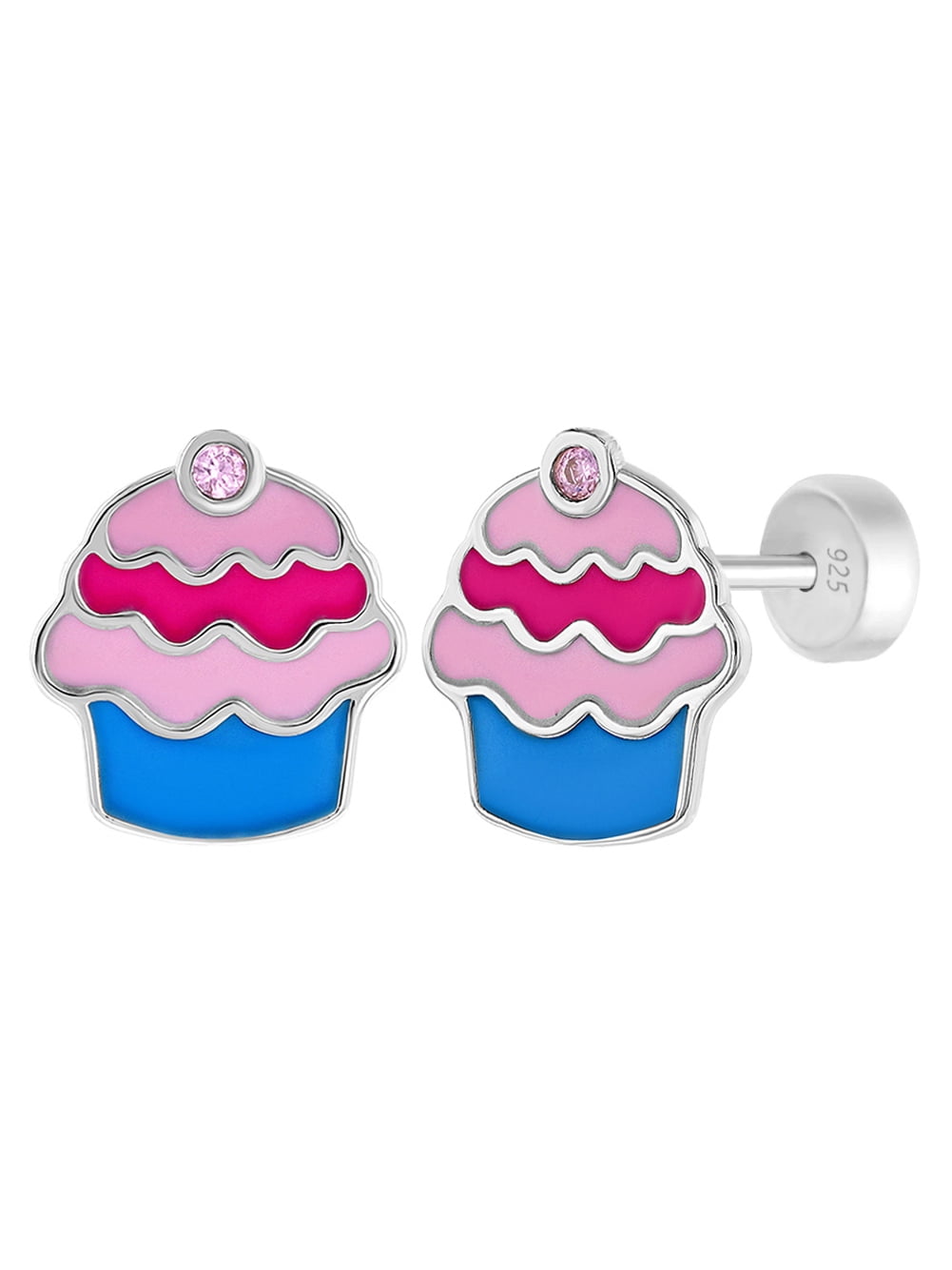 Details about   925 Sterling Silver Pink CZ Colorful Enamel Cupcake Safety Back Girl Earrings 