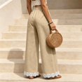 thumbnail image 6 of Women's Lightweight Lace Hem Beach Pants Ruffle Elastic Waist Wide Leg Palazzo Pants Textured Summer Pockets Casual Pants Fashion Bottoms Khaki, 6 of 7