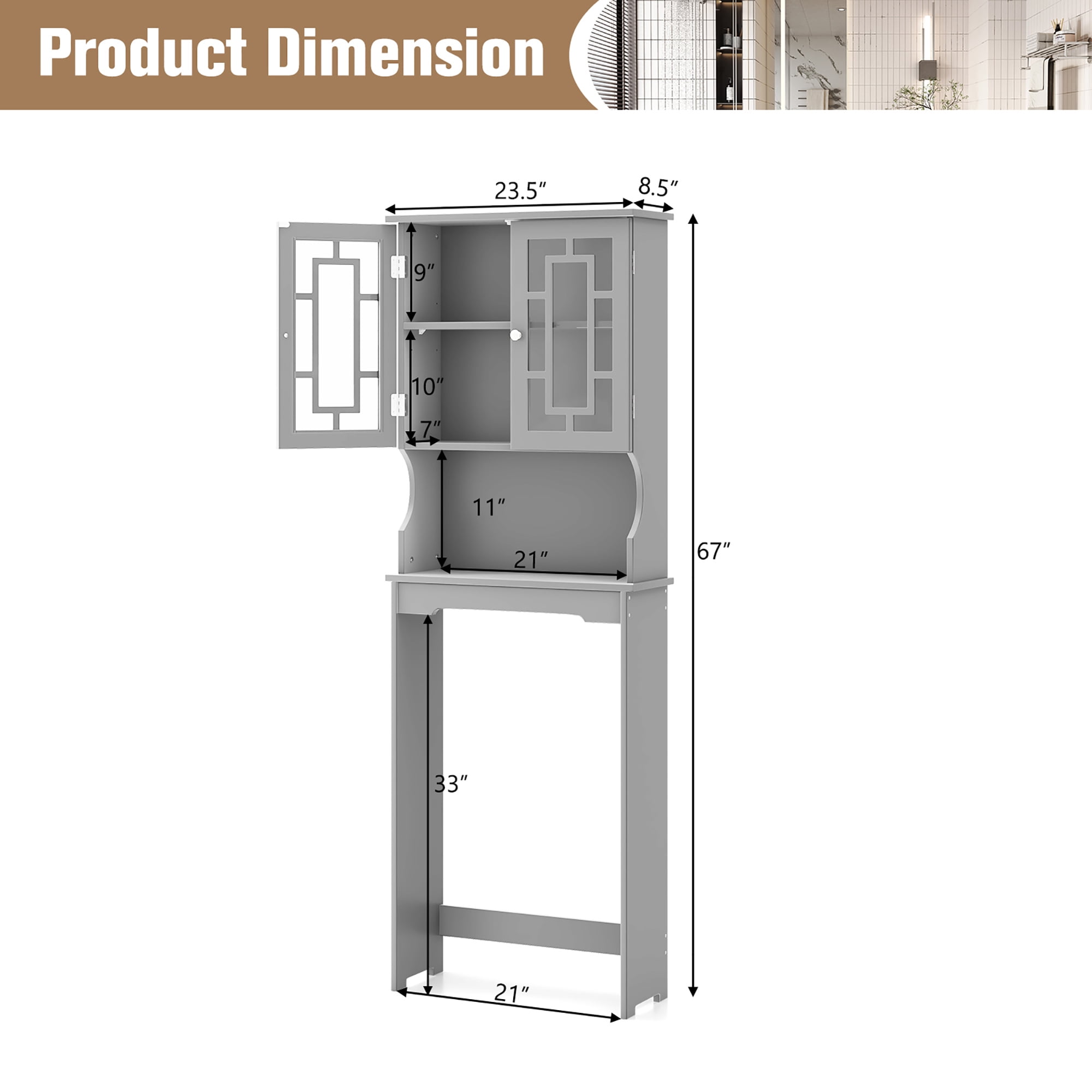 Gymax Grey Bathroom Over The Toilet Space Saver Storage Cabinet Organizer Shelf