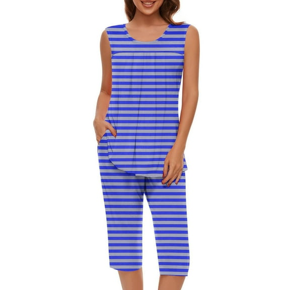 QNANSPI Womens Pajama Sets, Cotton Sleepwear for Women, Women's Casual Printed Pajamas Sleeveless Crew Neck Top and Elastic Waist Capri Pants Soft 2 Piece Lightweight Daily Home Loungewear