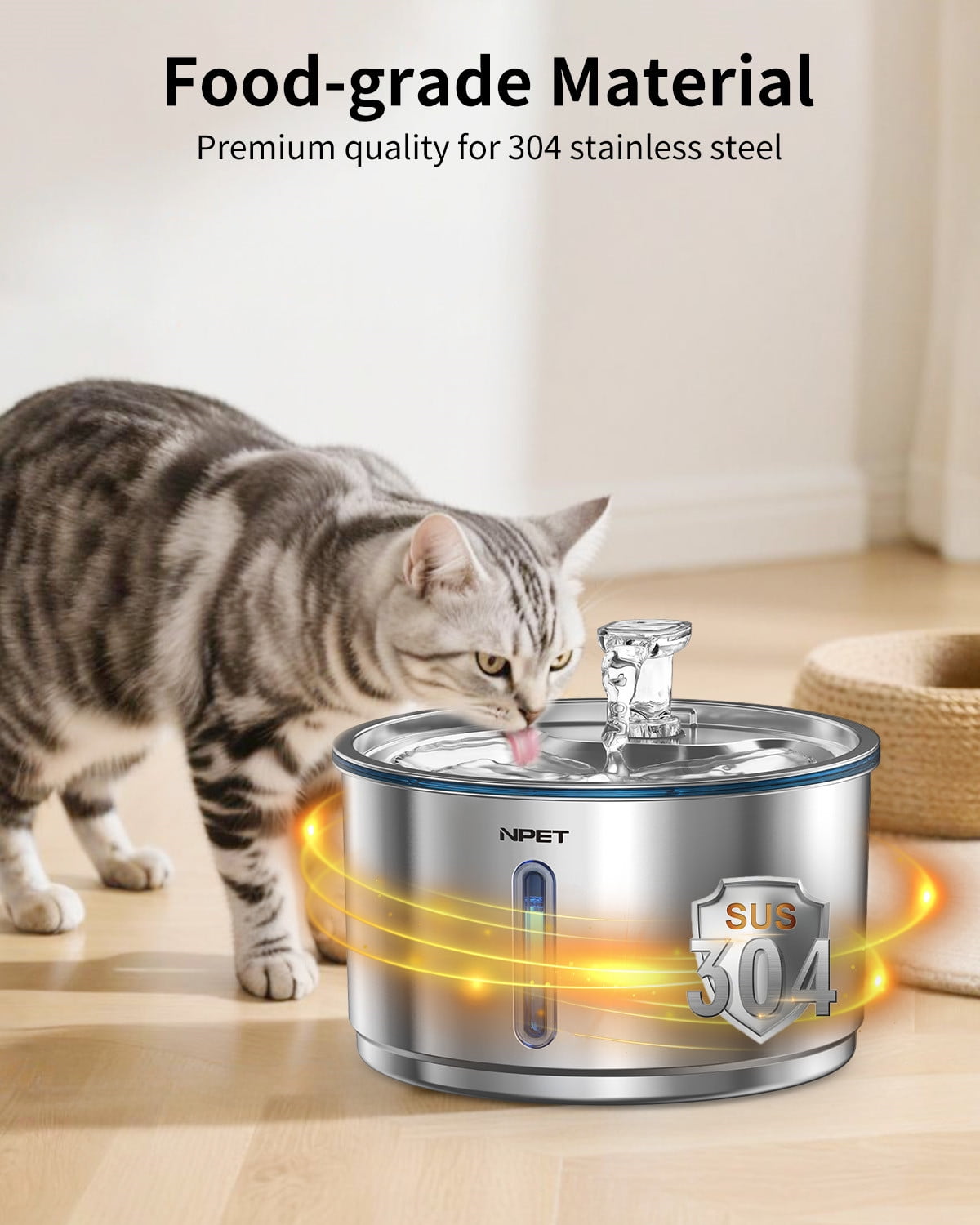 NPET 1 Gallon Stainless Steel Pet Water Fountain Quiet Filtered Cat Drinking Water Dispenser With 12 Replacement Filters