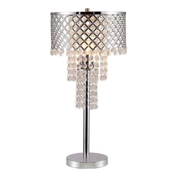 Benjara Denise 29" Table Lamp- Glass- Metal Frame- Mesh Shade- Crystals- Gold