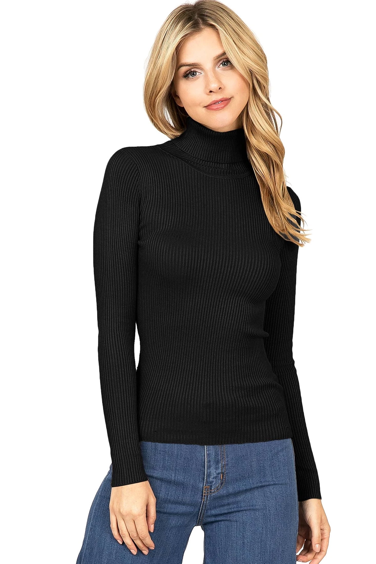 Ambiance Apparel Womens Stretchy Ribbed Long Sleeve Turtle Neck Top L Black
