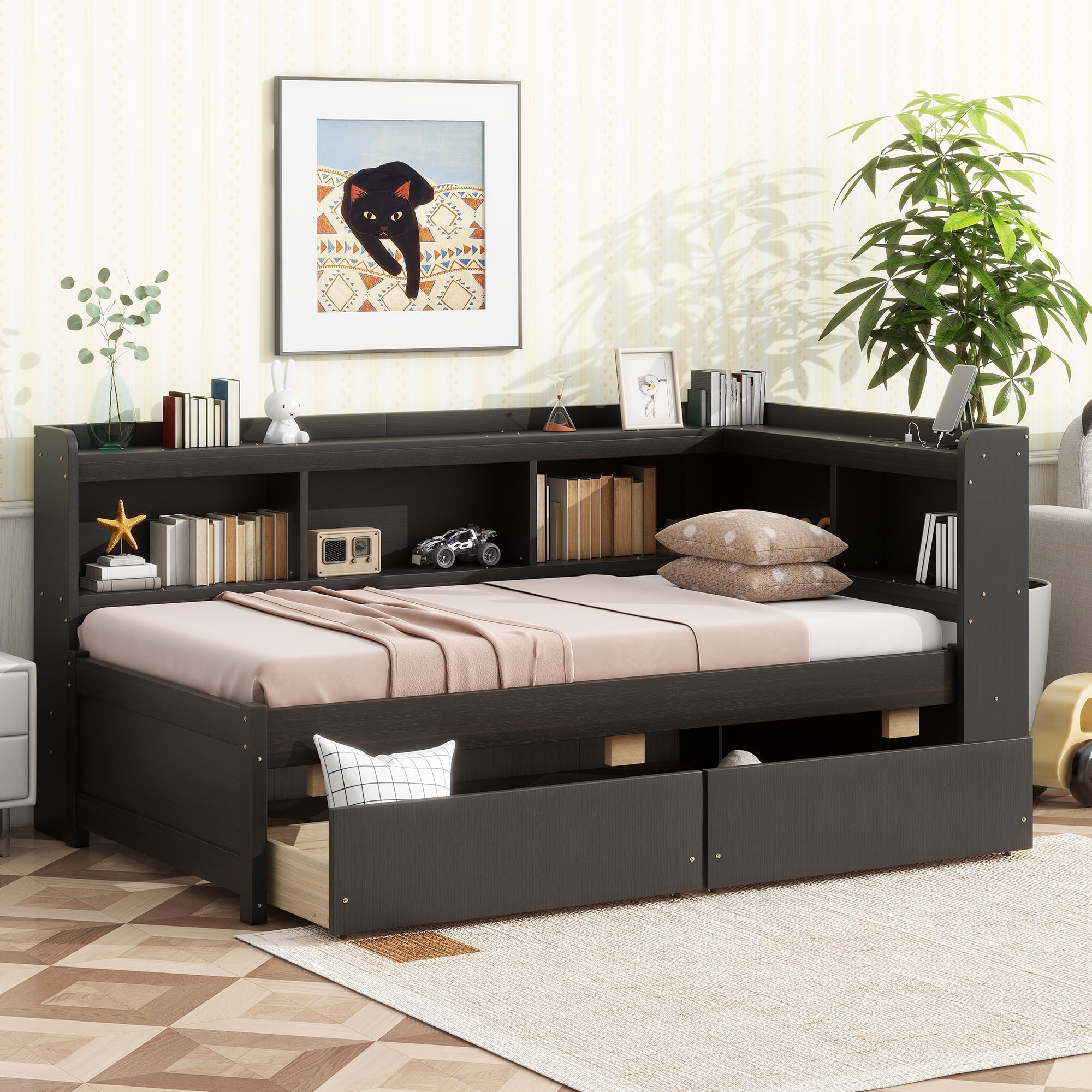 Leumius Twin Size L-shaped Bookcases Bed with Power Outlets, USB Charging Ports,Two Drawers,Espresso