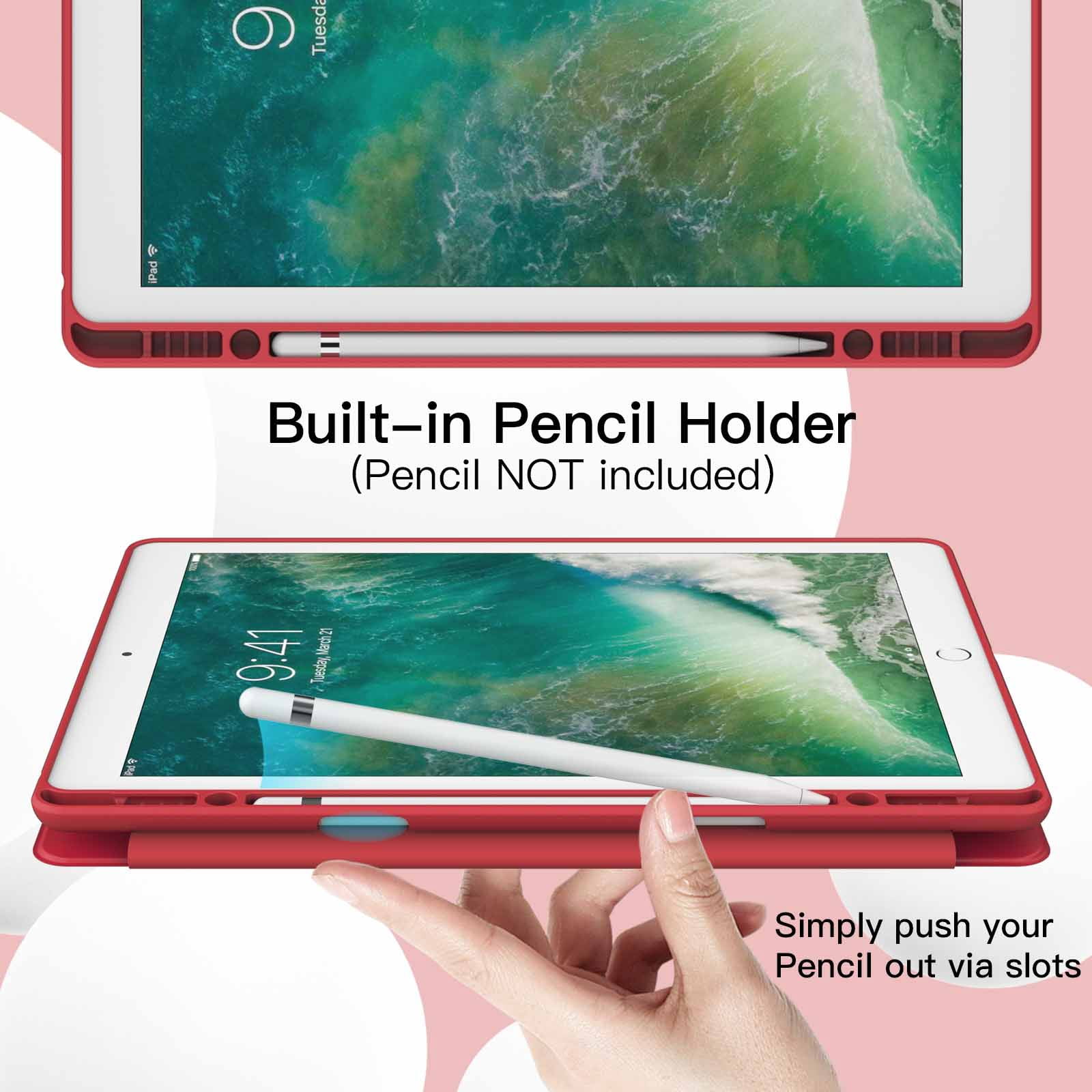 JETech Case for iPad Pro 12.9 Inch (2015/2017 Model, 1st/2nd Generation) with Pencil Holder, Slim Tablet Cover with Soft TPU Back, Auto Wake/Sleep (Red)