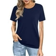 thumbnail image 2 of Fartey Plus Size Womens Summer Casual Shirts Fashion Simple Short Sleeve Solid Color Tops Loose Comfy Crew Neck T Shirts Soft Comfy Daily Blouses Navy L, 2 of 8