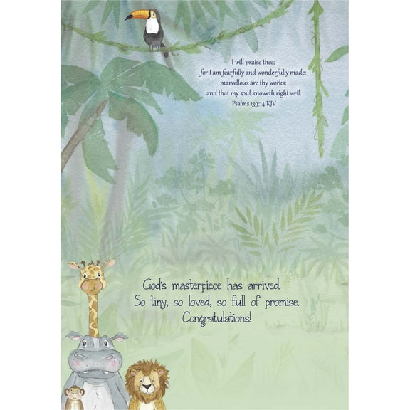Shared Blessings Christian New Baby Congratulations Card with KJV Scripture, 1 Count, Little Animals in Jungle Religious Bible Verse