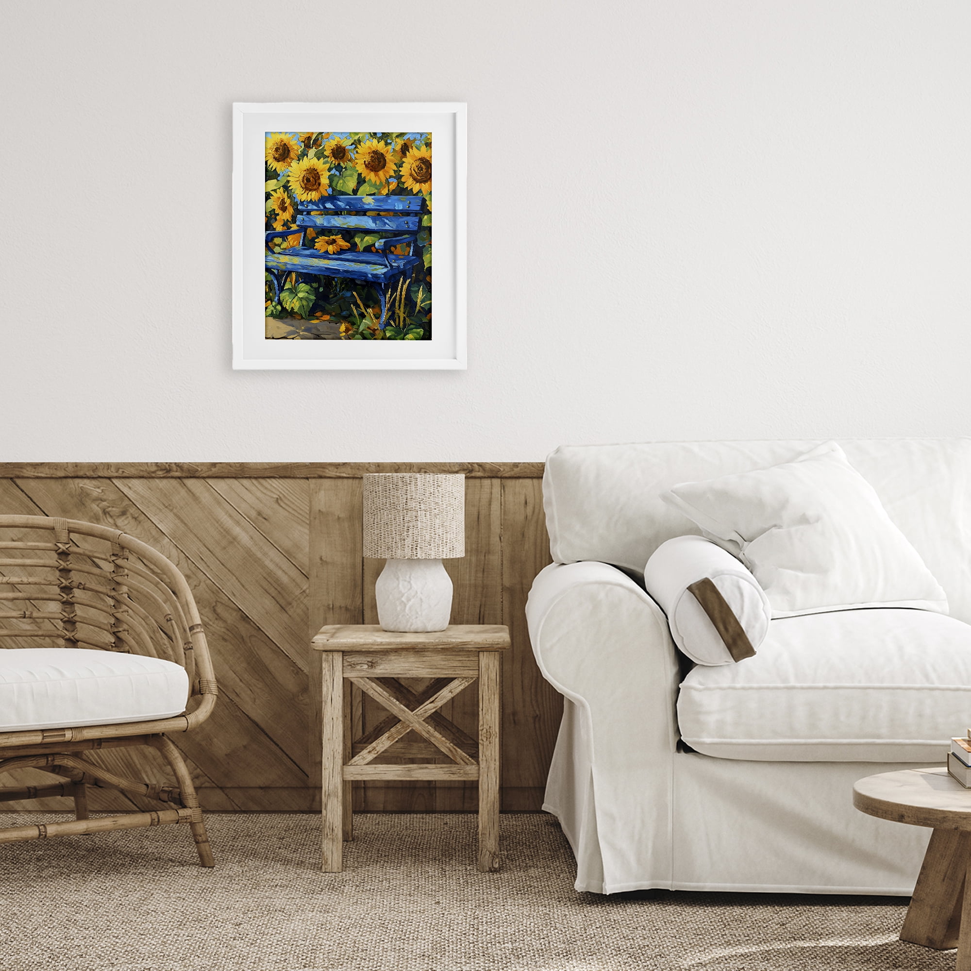 Stupell Industries Bench in Sunflower Field White Framed Print Under Glass, design by Creative Studio