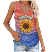 Koudehua Womens Summer Tops Casual Sleeveless Tie-dye Sunflower Print Tank Blouse Fashion T-Shirts