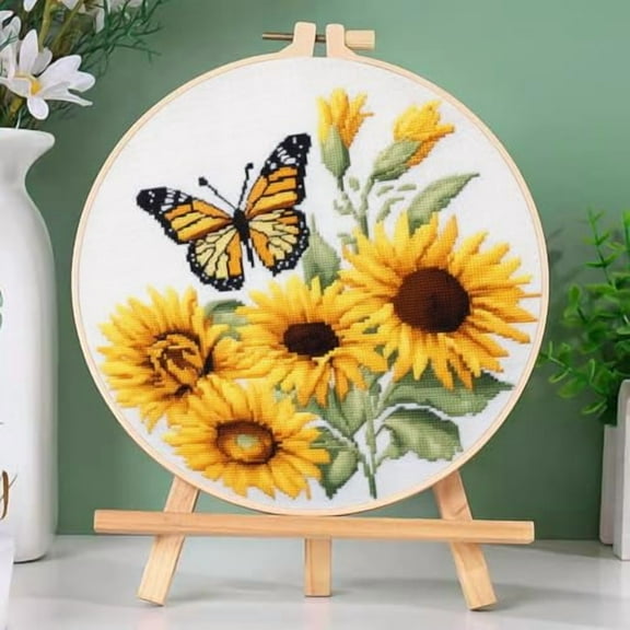 DIY Cross Stitch Kits Sunflower and Butterfly Easy for Beginners with Hoop 11CT Needlepoint Embroidery Counted Stamped Cross Stitch Set Craft Wall Decor 20x20cm(1)