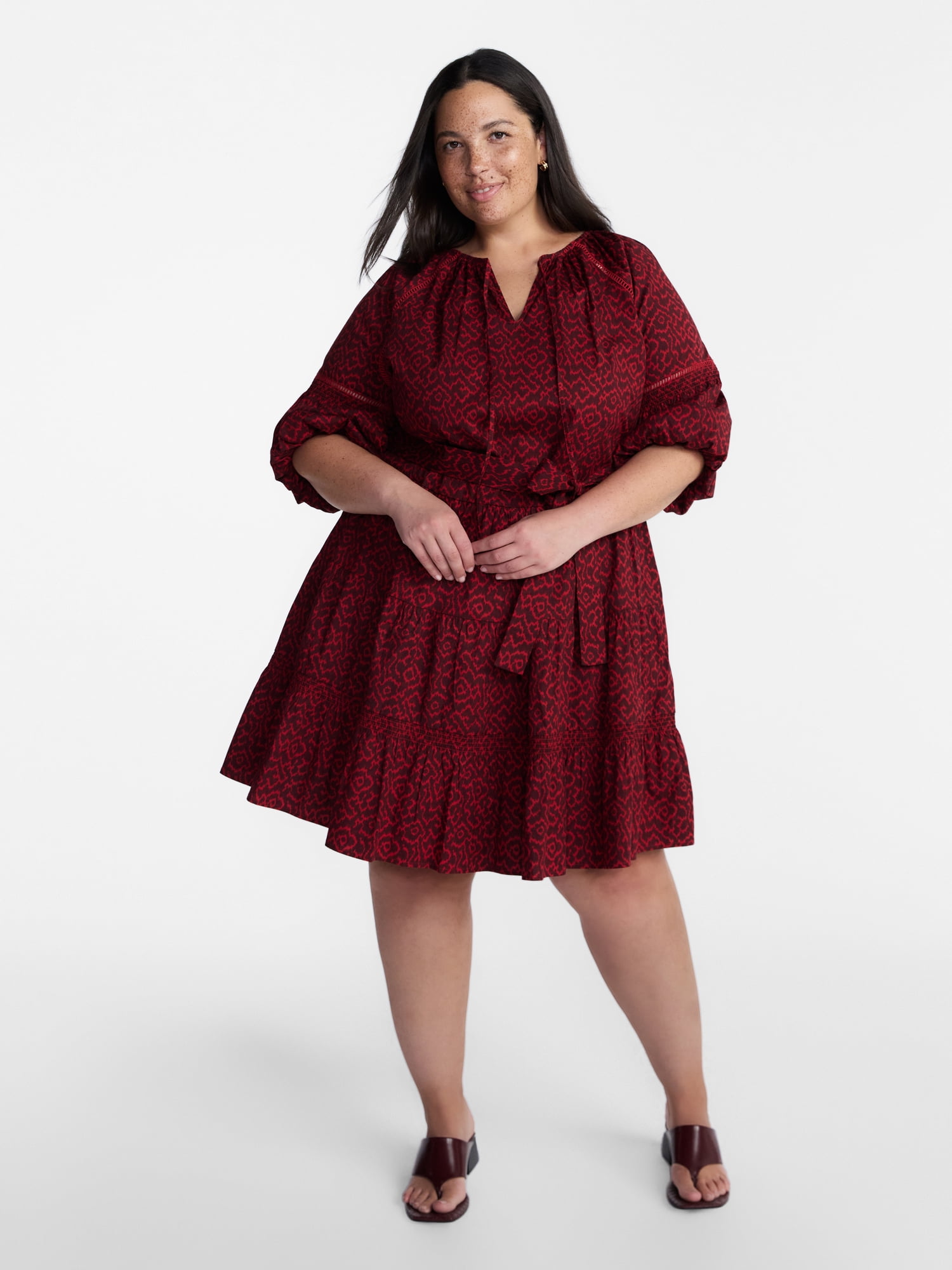 Terra & Sky Women’s Plus Mini Dress with Elbow Length Puff Sleeves, Sizes 0X-5X