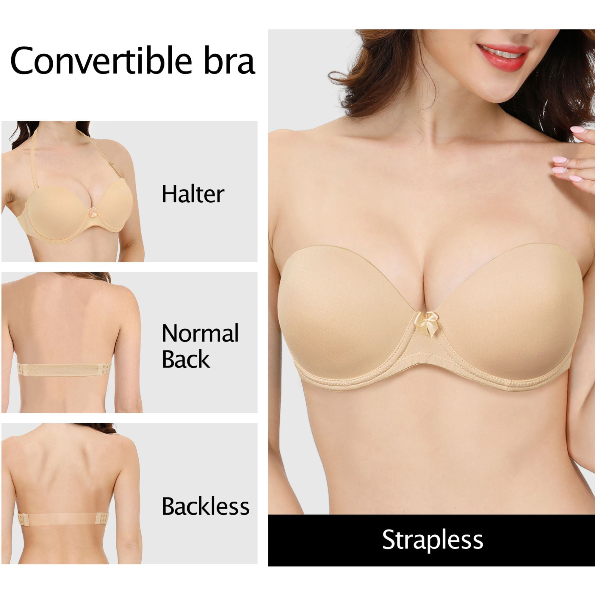 YANDW Strapless Bra for Women Clear Back Convertible Padded Multiway Bras with Underwire, Beige 40A