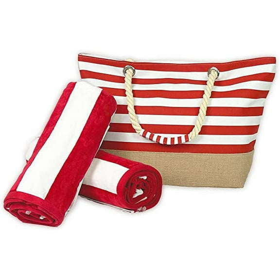 Kaufman 3 Piece Set Cabana Stripe, Two Beach Towel Set 32 x 62 Plus a Striped Beach Bag Red