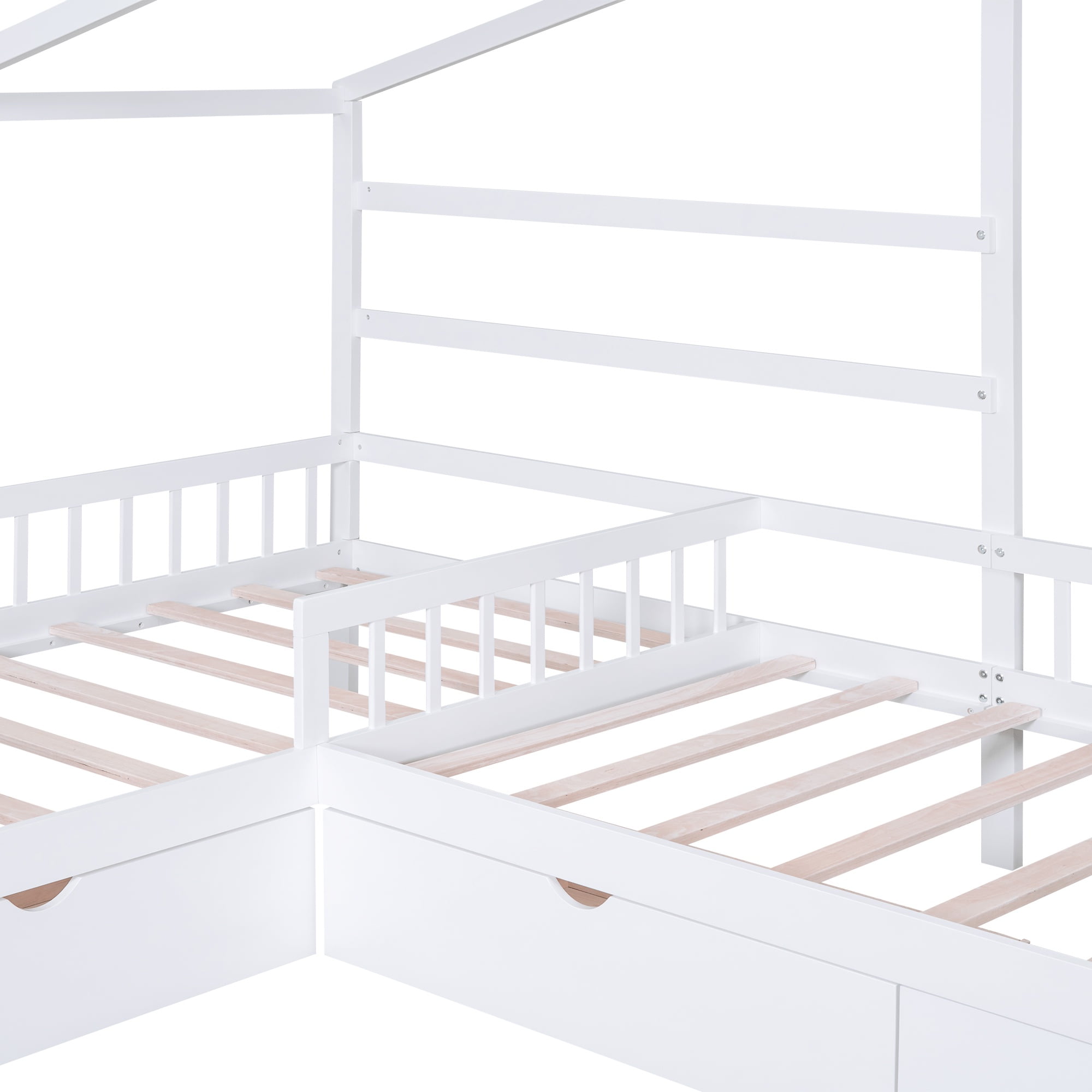 Bellemave House Bed Double Twin Beds, Wood L-Shape Twin Bed with 3 Storage Drawers, Montessori Bed with Roof and Fencefor Toddler Kids Girls Boys (White)